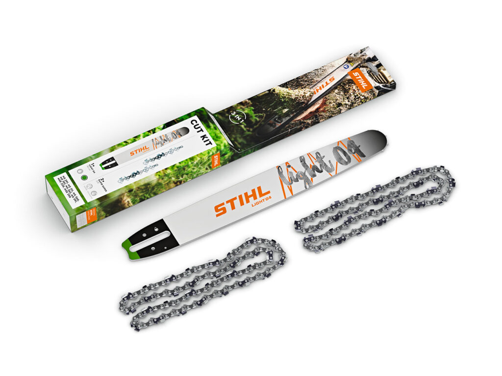 Les STIHL Cut Kits contiennent deux chaînes et un guide-chaîne de rechange compatibles avec certaines tronçonneuses et la scie de jardin sur batterie